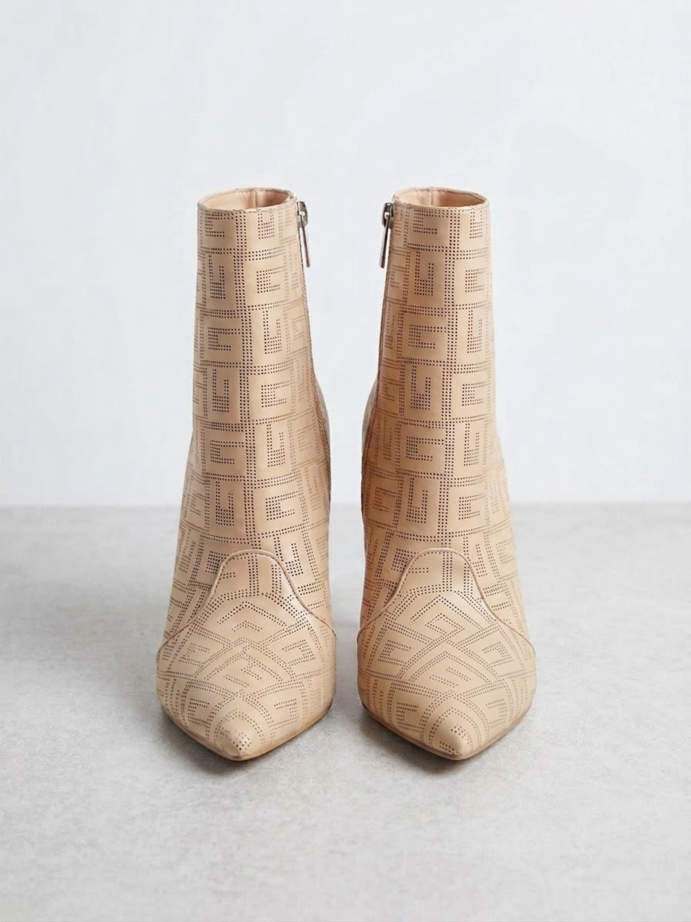 GUESS Nude Perforated Logo Pointed Toe Stiletto Ankle Boots - Size 39 / US 9
